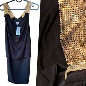 NWT Cache Black Dress with Gold Metal Straps 158.00 Size 4